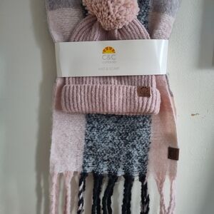 C&C California Pink and Gray Kids Pom-Pom Hat & Scarf Set